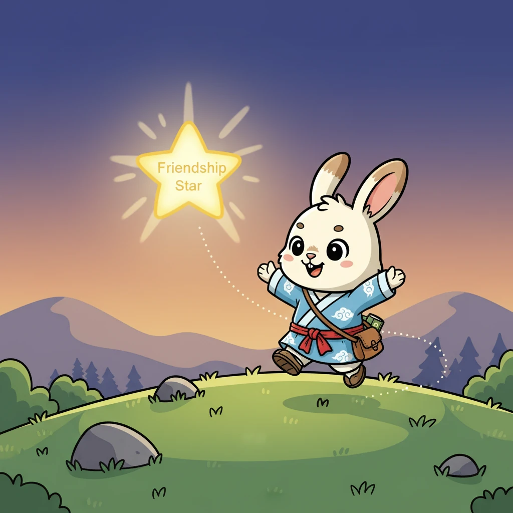 豆豆爬上了一座小山丘，站在山顶，她看到了远方闪耀着光芒的友谊之星。她加快了脚步，朝着星星的方向跑去。