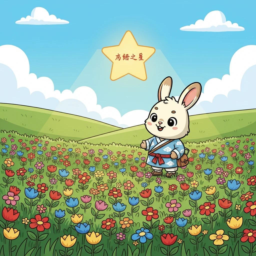 豆豆来到了友谊之星的所在地，那里是一个美丽的草地，开满了鲜花。星星散发着柔和的光芒，照亮了整个草地。