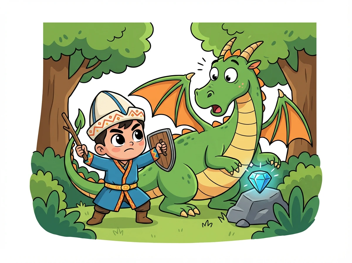 Батырхан орман ішінде Айдаһармен кездеседі. Айдаһар Гауһар тасты қорғайды екен. Батырхан Айдаһармен батыл шайқасып, оны жеңеді.