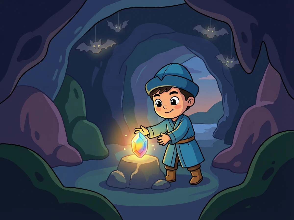 Айдаһар жеңілгеннен кейін, Батырхан Гауһар тас жасырылған үңгірге кіреді. Үңгір іші қараңғы және қорқынышты. Бірақ Батырхан қорқынышты жеңіп, Гауһар тасты табады.