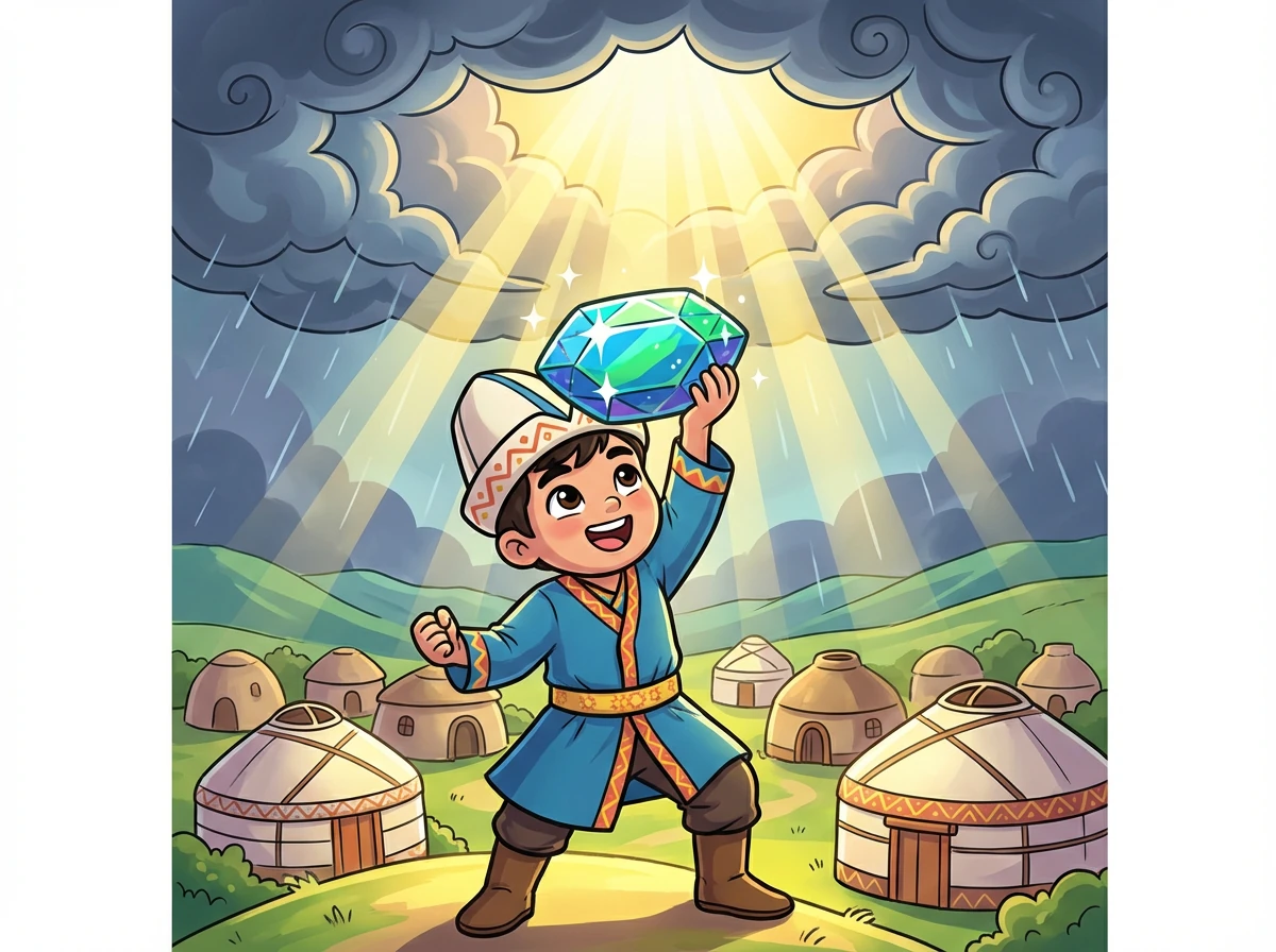 Батырхан Гауһар тасты алып, ауылға қайтады. Ауылға жақындағанда, ол Гауһар тасты жоғары көтереді. Сол кезде қара бұлт сейіліп, күн қайта шығады.