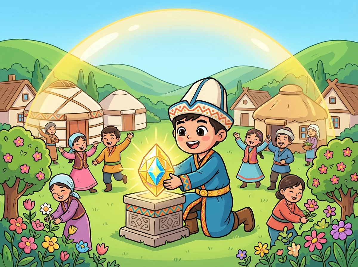 Батырхан Гауһар тасты ауылдың ортасына орнатады. Гауһар тас ауылды жамандықтан қорғап, оған береке сыйлайды. Ауыл гүлденіп, тұрғындары бақытты өмір сүреді.