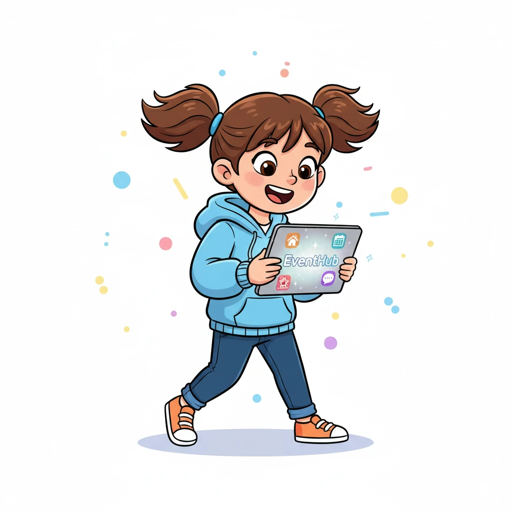 Evie Eventful, a cheerful girl with pigtails bouncing, held her glowing, magical tablet. On its screen, a sparkly "EventHub" logo shimmered, surrounded by playful icons for Home, Events, My Tickets, and Contact, inviting her to start a grand adventure. She grinned, ready to explore all the wonderful happenings in her whimsical world.