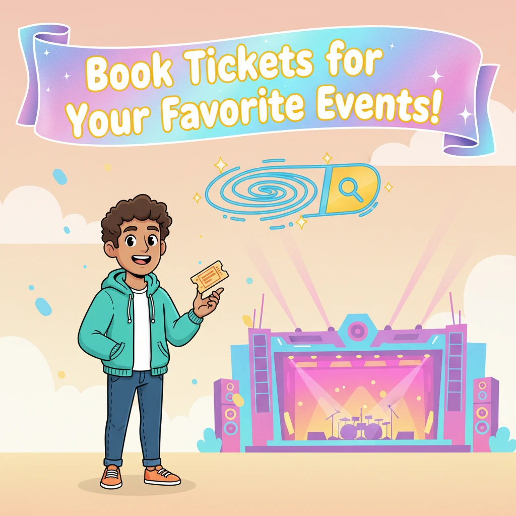 Suddenly, Evie stood before a colossal, shimmering banner that stretched across the sky, declaring, "Book Tickets for Your Favorite Events!" Below it, a friendly, swirling search bar spun playfully, beckoning her to type in her desires. Behind her, a fantastical concert stage pulsed with light, hinting at the magic awaiting discovery.