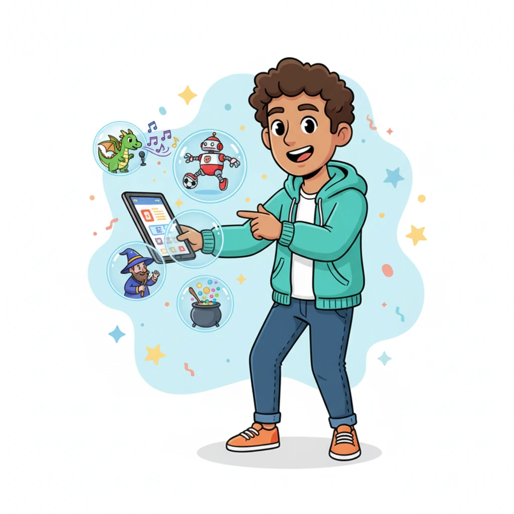 With a giggle, Evie scrolled through a magical grid of "Upcoming Events." Each event was a tiny, animated scene floating in a bubble: a friendly dragon breathing musical notes for a concert, a robot bouncing a giant soccer ball, and a wizard brewing colorful potions. She pointed with delight at a particularly sparkly music event.