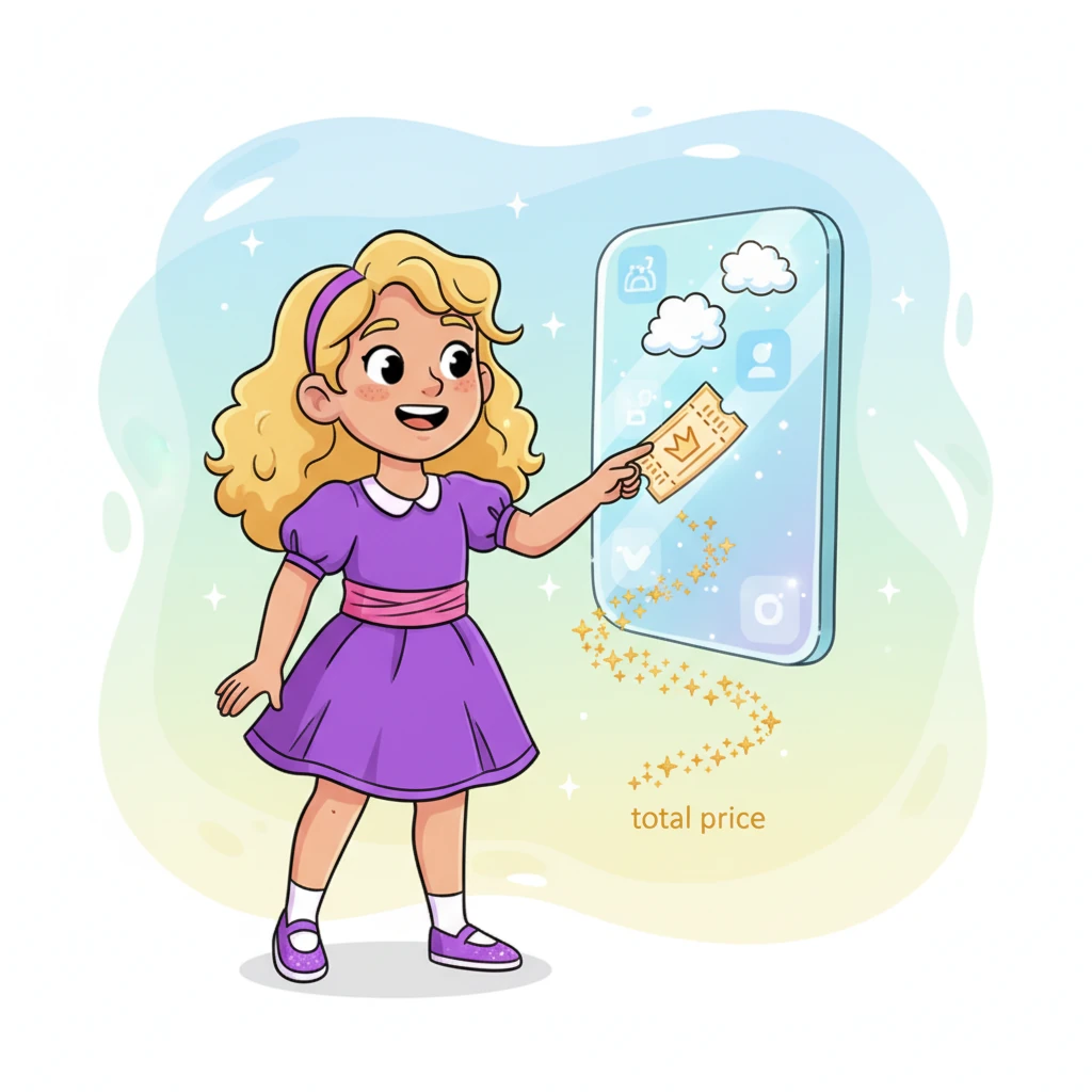 Next, Evie found herself at the "Ticket Booking Portal," a shimmering, interactive console that floated in mid-air. She tapped the screen with her finger, and three little tickets popped up, then chose the softest, fluffiest "VIP" cloud seats. Magically, the total price twinkled into existence, ready for her next step.