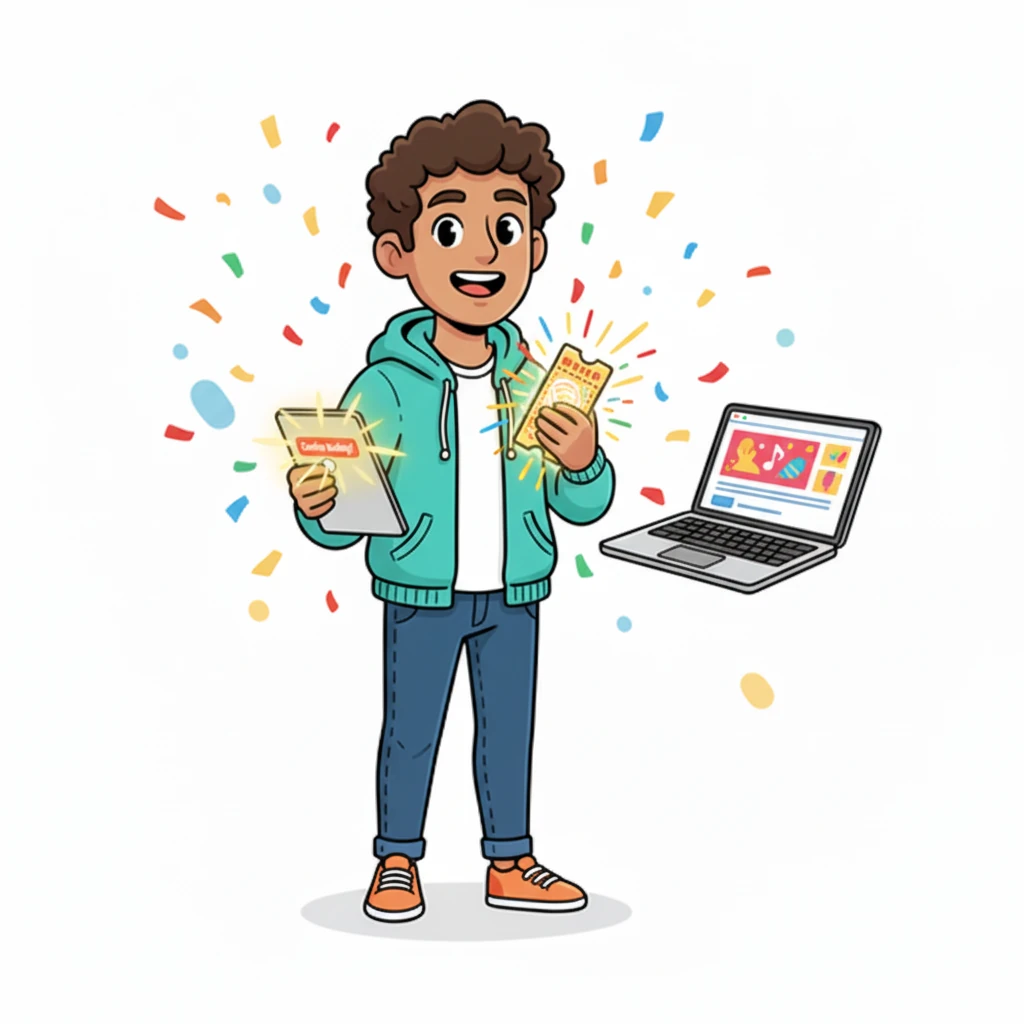 With a confident tap on the "Confirm Booking!" button, a burst of colorful confetti exploded around Evie. Her very own glowing, animated ticket materialized in her hand, swirling with joy and promises of fun. She clutched it tight, her heart thumping with excitement for the upcoming show.