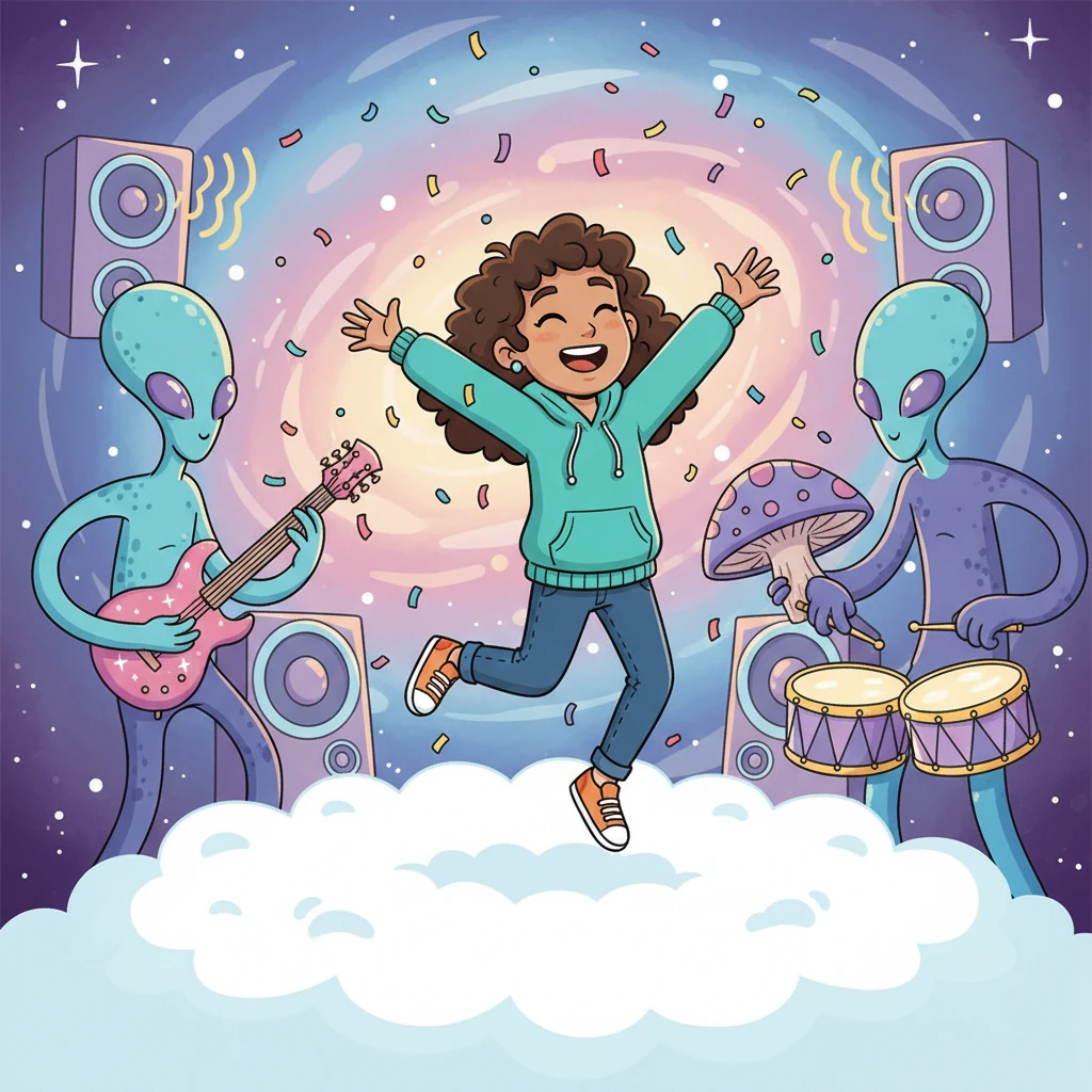 Evie was now at the most amazing "Cosmic Concert" she had ever seen! Quirky alien musicians with long, bendy arms played instruments that sparkled and chimed. She danced happily on her plush VIP cloud seat, as a shower of rainbow confetti rained down around her.
