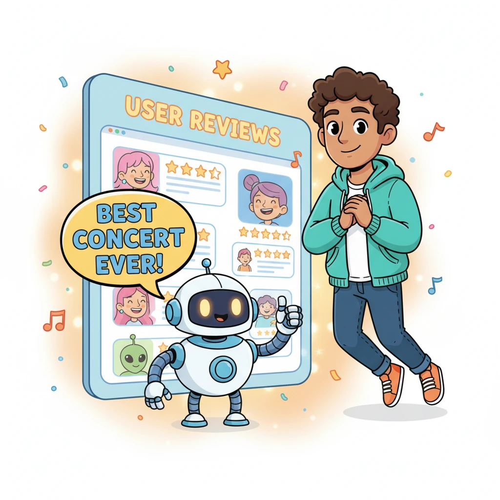 After the incredible concert, Evie floated past a "User Reviews" wall, where other happy characters were leaving glowing testimonials. A friendly, smiling robot gave a big thumbs-up next to a speech bubble that read, "Best concert ever!" Evie felt a warm glow, knowing she was part of the fun.