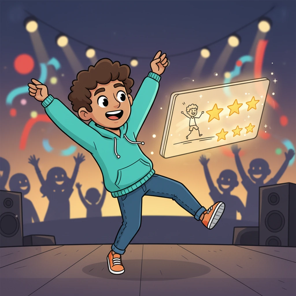 Inspired by all the happy faces, Evie decided to leave her own review. She drew a cheerful picture of herself dancing wildly at the concert, adding a row of five sparkling stars to show just how much fun she had. Her drawing glowed, joining the other happy memories.