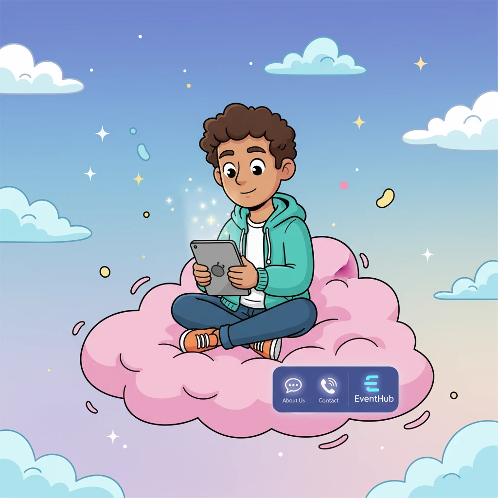 Finally, tired but full of joy, Evie sat on a fluffy pink cloud, looking at her magical tablet's "Footer." It showed whimsical icons for "About Us," "Contact Information," and "Social Media," twinkling gently. The "EventHub" logo pulsed softly, ready for her next grand adventure.