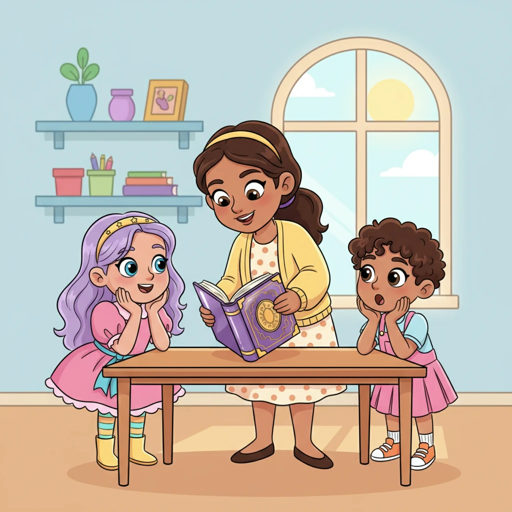 Teacher Marsiyana placed a beautiful, large book with a shiny cover onto the table. "Children," she said in a mysterious voice, "this is not just any book. This is the 'Magic Book' that controls our mood." The children leaned forward, their eyes wide with curiosity.