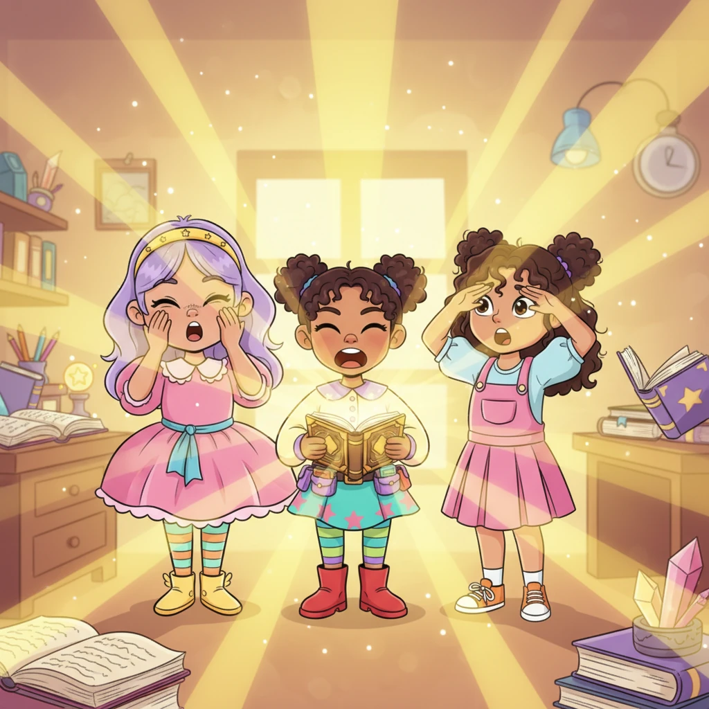 The children gazed intently at the book. The moment Daryn opened its cover, a sudden, brilliant yellow light filled the entire office! Everyone instantly closed their eyes, startled by the unexpected burst of energy.