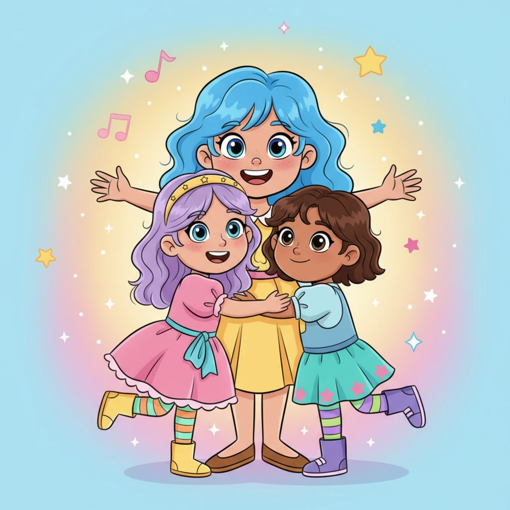 Just then, a figure with blue hair, a sunny yellow dress, and a radiant face appeared before them. It was Kuanych, meaning Joy! "Hello, friends! Welcome to the World of Joy!" she exclaimed, embracing the children with open arms.