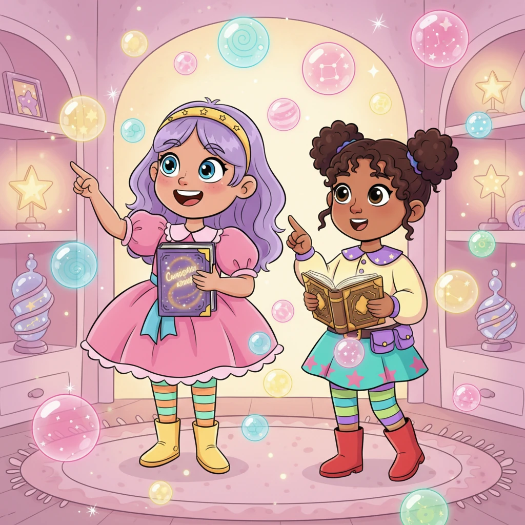 Kamshat and Nazerke, full of wonder, pointed around the vibrant room. "Wow! What are these sparkling spheres?" they asked, their faces beaming with excitement and curiosity at the magical display.