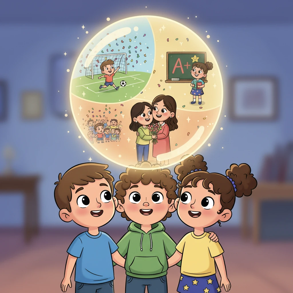 Inside the glowing sphere, vivid moments unfolded: Daulet's triumphant football victory, Daryn presenting a bouquet of flowers to his mother, and Kamshat's proud moment of receiving a perfect grade. The children watched, captivated by their own joyful recollections.