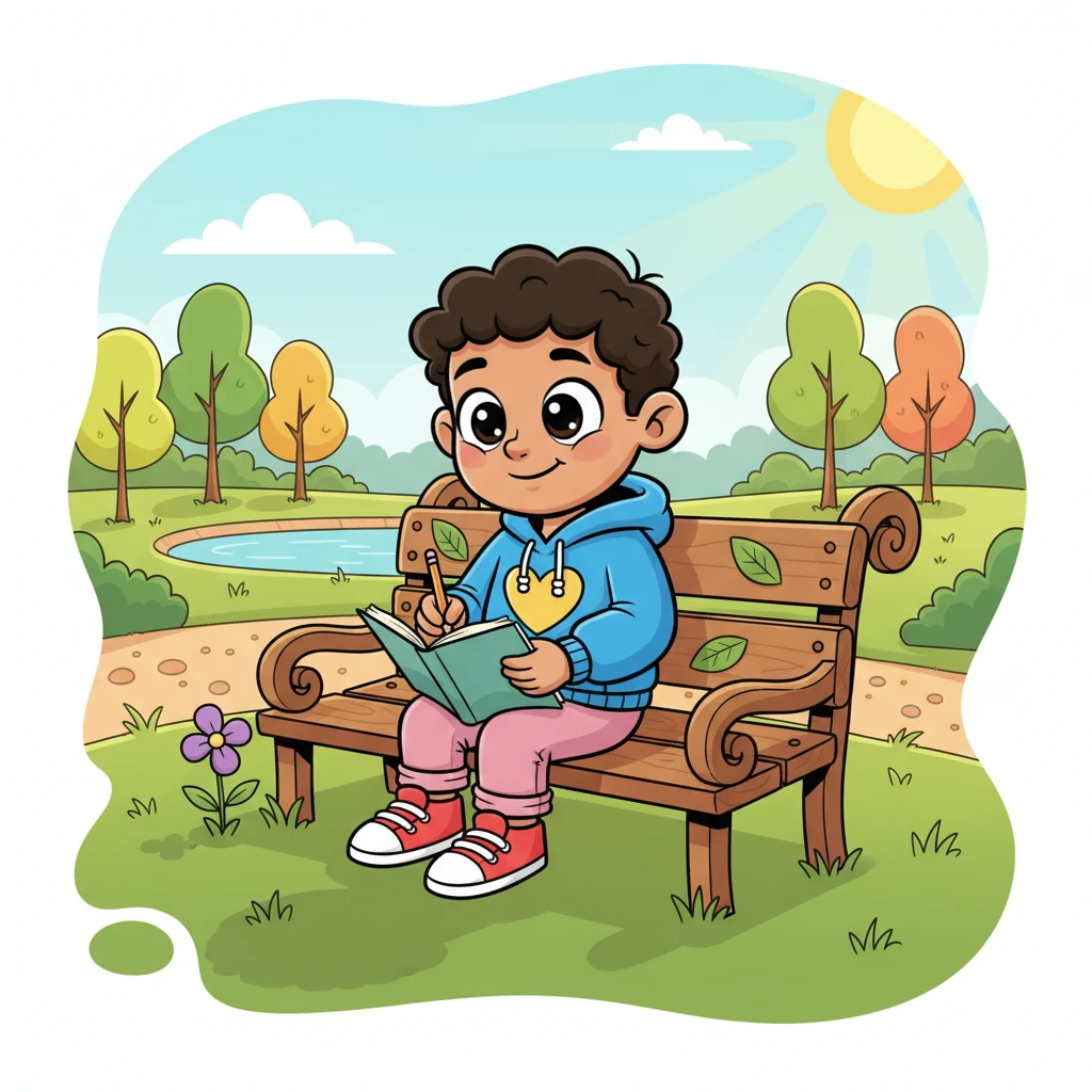 Leo, a boy with bright, curious eyes, sat alone on a park bench, gently sketching a wildflower in his notebook. He often visited this park, hoping for a little spark of inspiration or perhaps a new friend. The sun shone brightly, casting playful shadows of trees around him.