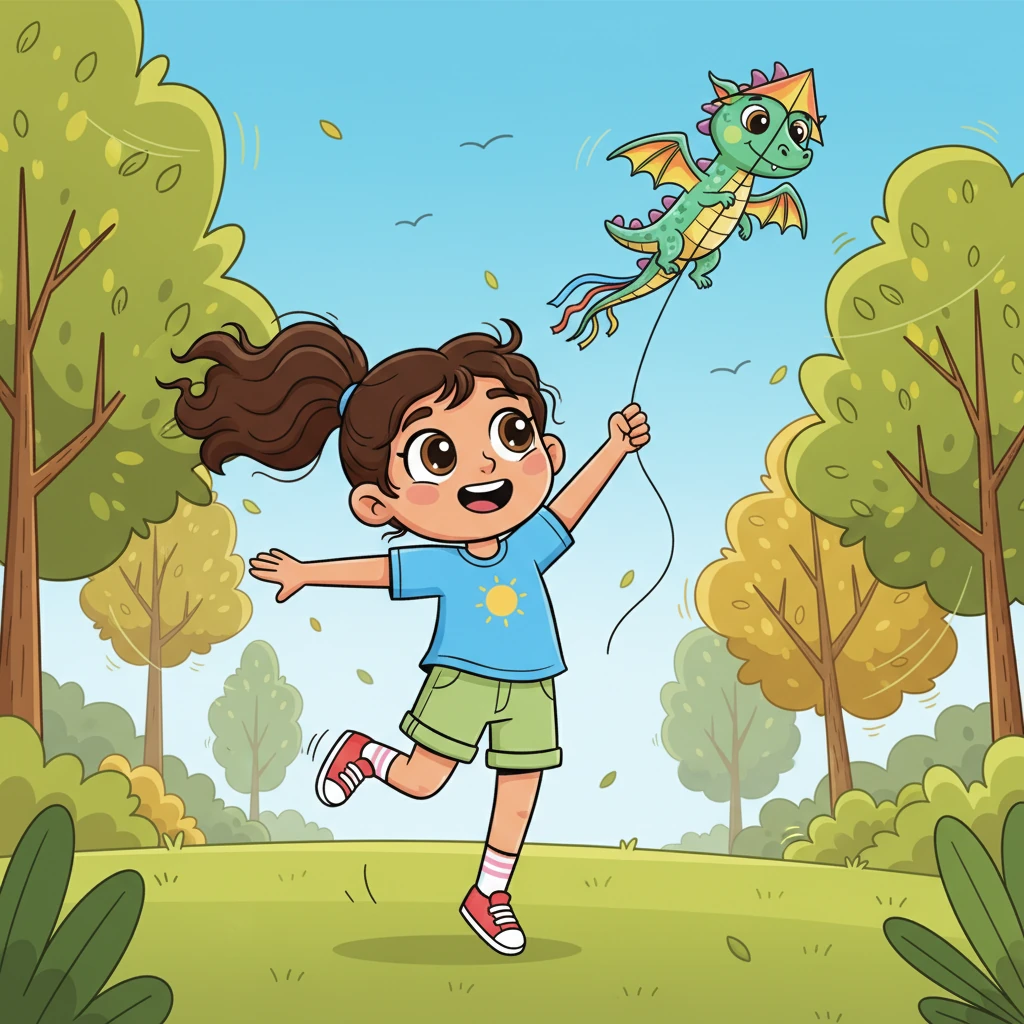A girl named Mila, with a bouncy ponytail and an even bouncier step, skipped into the same park, carrying a kite shaped like a friendly dragon. She was new to town and eager to explore, her eyes wide with wonder. A gentle breeze rustled the leaves as she looked for the perfect spot.