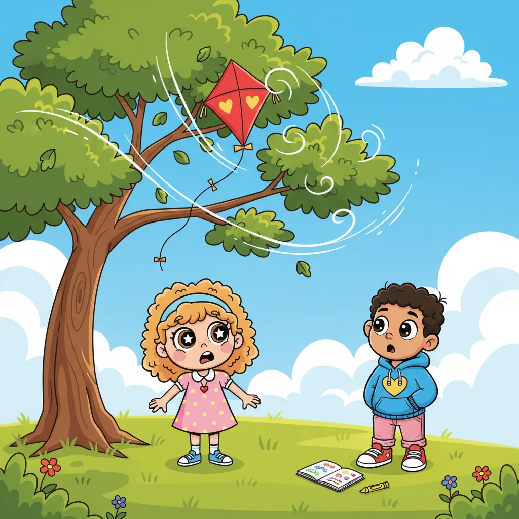 As Mila tried to launch her kite, a sudden gust of wind snatched it, sending it swirling high before it snagged on a tall oak tree. Leo, startled by the commotion, looked up from his drawing. He saw Mila's worried face as she gazed at her trapped kite.