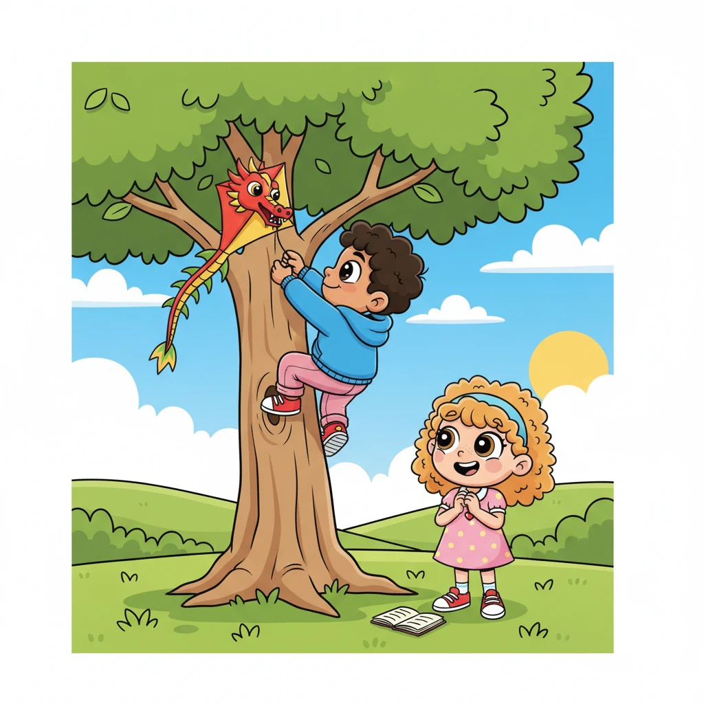 Leo, without a second thought, put down his notebook and climbed the tree with surprising agility. He carefully unhooked the dragon kite from the branches, his movements swift and sure. Mila watched, her worry turning into a hopeful smile.