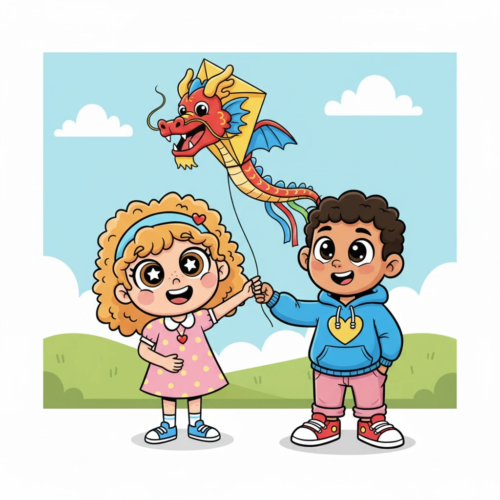 Leo handed the kite back to Mila, their fingers brushing for a fleeting moment. A shy smile played on both their lips. Mila thanked him warmly, and they both laughed as the dragon kite bobbed gently in her hands.