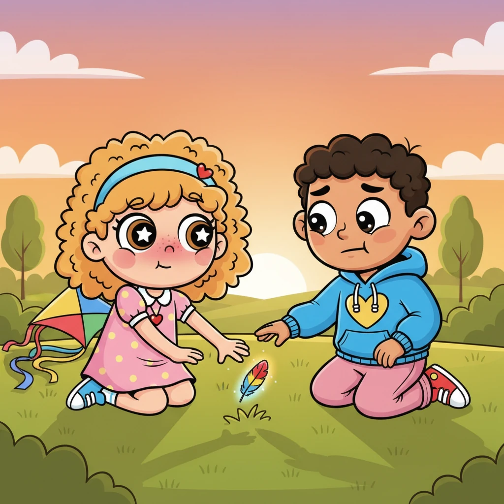 As they packed up, a small, vibrant feather fell from the kite and landed perfectly between them. They both reached for it at the same time, their hands touching again. A blush crept onto Mila's cheeks, and Leo quickly pulled his hand back, a little flustered.