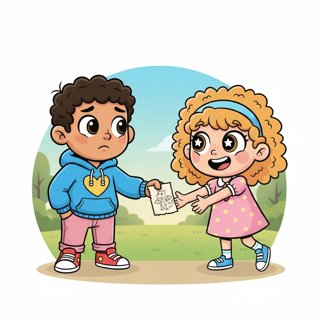 Leo, feeling a flutter in his chest, quietly tore a page from his notebook. On it, he quickly sketched a tiny, smiling dragon, just like Mila's kite, and handed it to her. Mila's eyes lit up with delight, her smile wide and genuine.