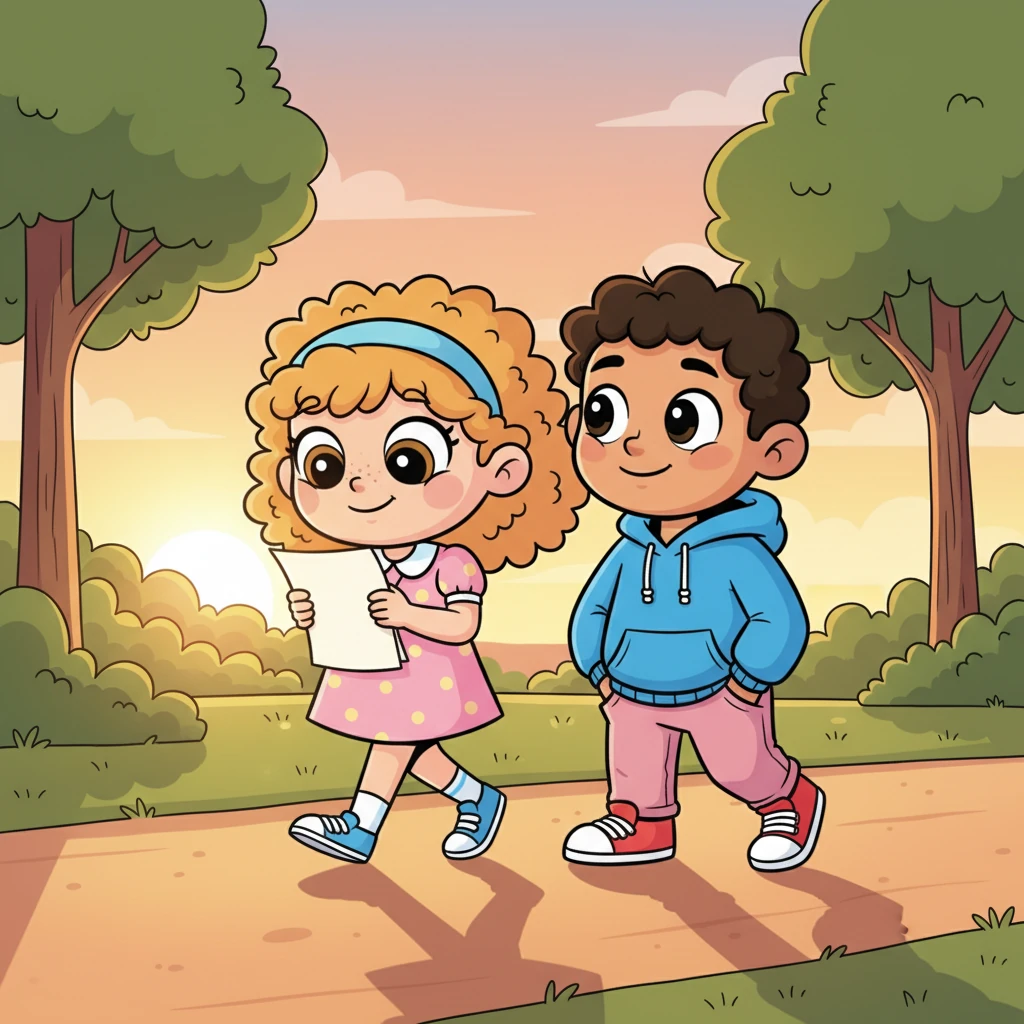 They walked to the park's edge, the setting sun casting long, playful shadows behind them. Mila held the drawing close, and Leo couldn't stop glancing at her, a warm, fuzzy feeling growing in his heart. The air hummed with unspoken feelings.