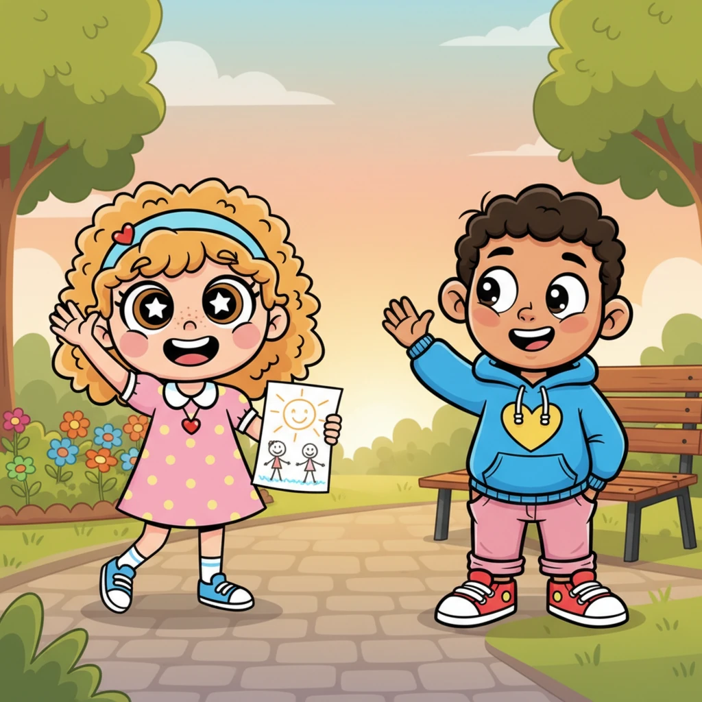 As they said goodbye, Mila gave Leo a quick, joyful wave, clutching his drawing. Leo waved back, a wide, happy grin spreading across his face. He knew this wasn't just a goodbye, but the start of something truly special, a young love beginning to bloom.