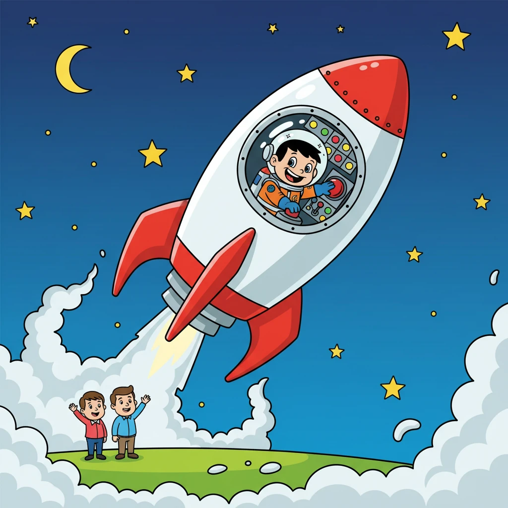 No dia da grande aventura, Astro entrou em seu foguete reluzente. Ele se despediu de seus pais e apertou o botão de lançamento. O foguete subiu pelos céus, deixando um rastro de fumaça.