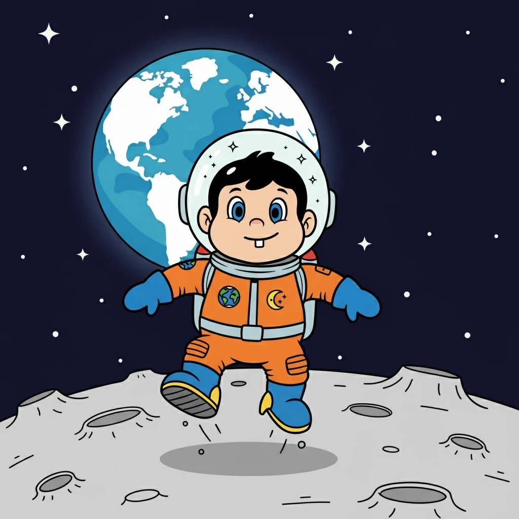 A primeira parada de Astro foi a Lua. Ele flutuou pela superfície lunar, saltando em baixa gravidade e admirando a Terra, que parecia uma linda bolinha azul e branca no céu escuro.
