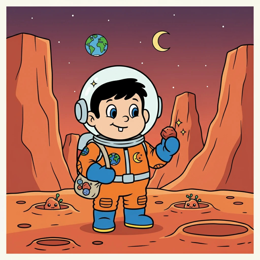 Em seguida, Astro viajou para Marte, o planeta vermelho. Ele explorou as crateras e montanhas marcianas, imaginando se havia vida lá. Ele coletou amostras de rochas e se maravilhou com as paisagens.