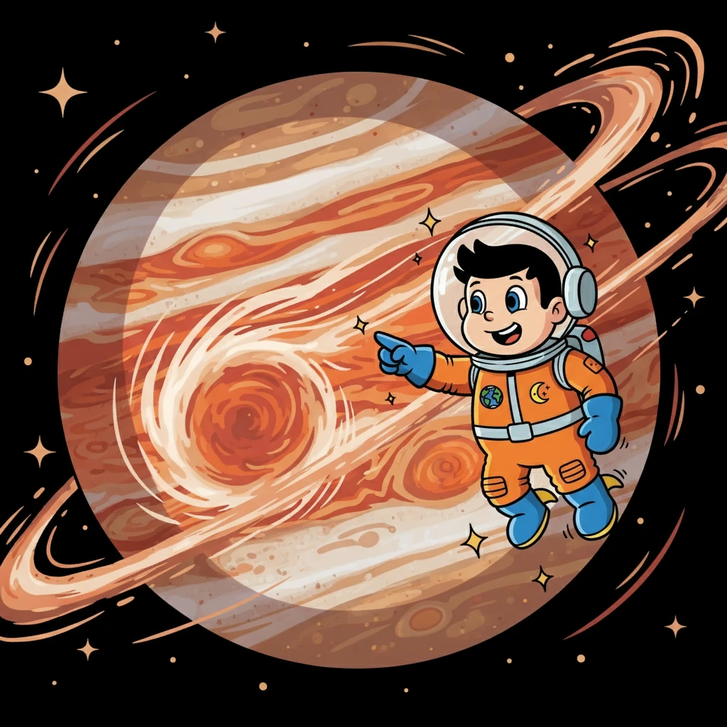 Depois de Marte, Astro visitou Júpiter, o gigante gasoso. Ele viu a Grande Mancha Vermelha e aprendeu sobre as tempestades colossais que ocorrem no planeta. Ele sentiu o poder do gigante.