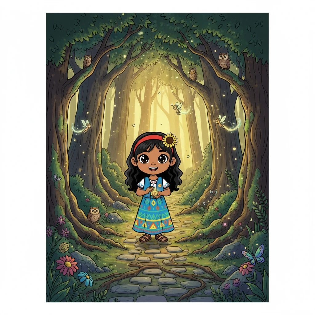 El mapa la llevó a un bosque encantado lleno de árboles gigantes y criaturas mágicas. Lucía, sin dudarlo, entró en el bosque. La luz del sol filtraba a través de las hojas, creando un ambiente de ensueño. Se sentía emocionada y un poco nerviosa.