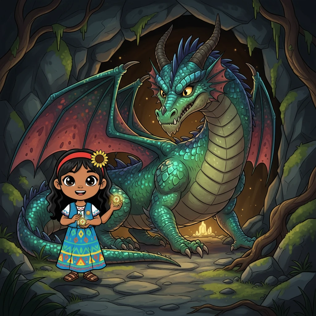 Un gran desafío llegó cuando se encontraron con un dragón guardián de una antigua cueva. El dragón, con escamas brillantes y mirada feroz, les impidió el paso. Lucía, con valentía, decidió hablar con él.