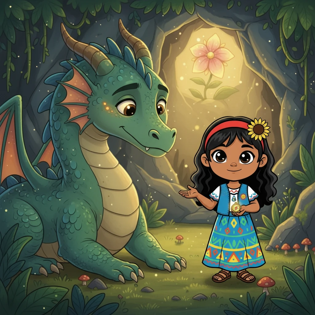 Lucía, con palabras amables y sinceras, logró calmar al dragón. Le explicó que solo buscaban la Flor de la Esperanza, una flor mágica que podía curar cualquier enfermedad. El dragón, conmovido por su nobleza, les permitió pasar.