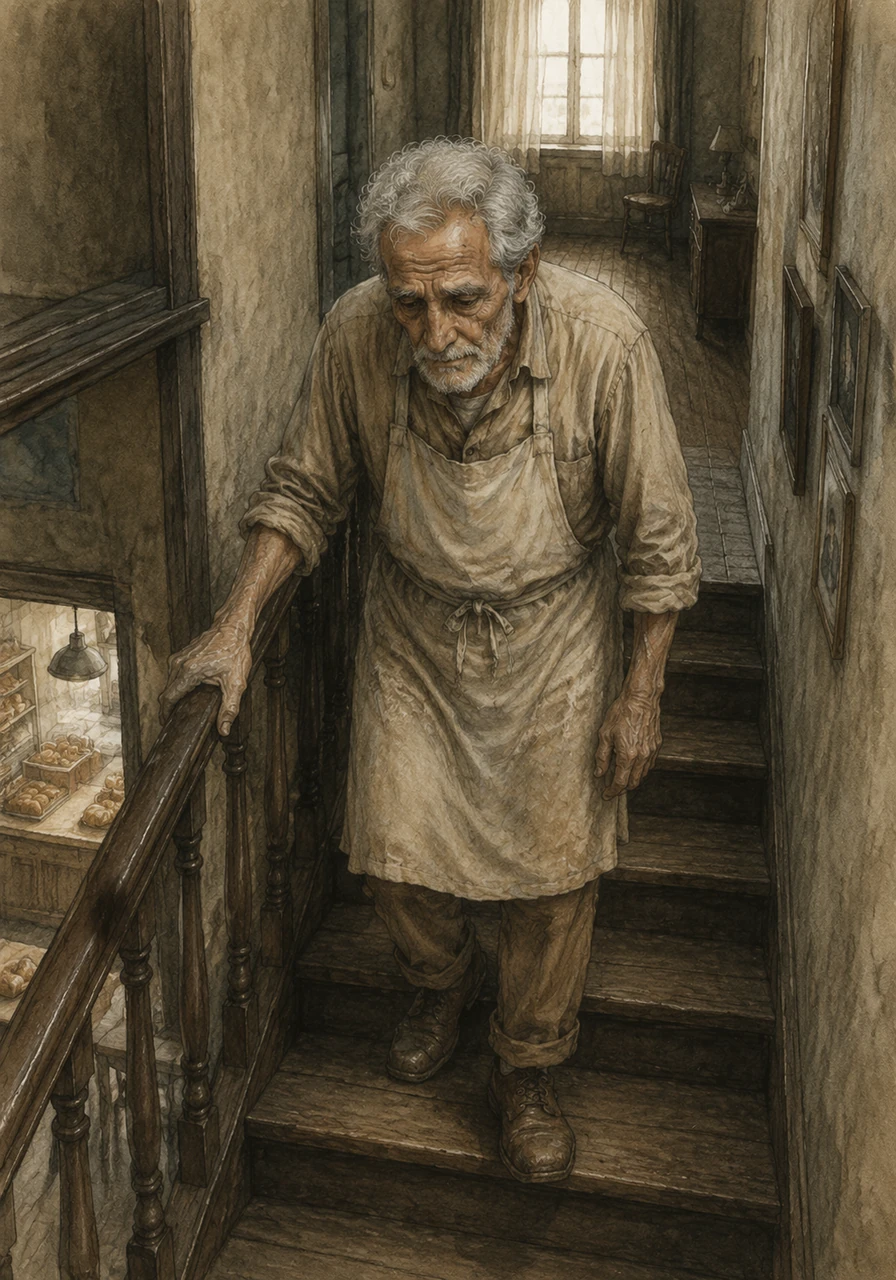 Leo, seventy years old and hollowed by grief, lives above the silent shop. Since Clara’s death, he has moved through the rooms like a ghost, carefully counting his steps on the stairs to pass the hours, his heart as cold as the empty oven.