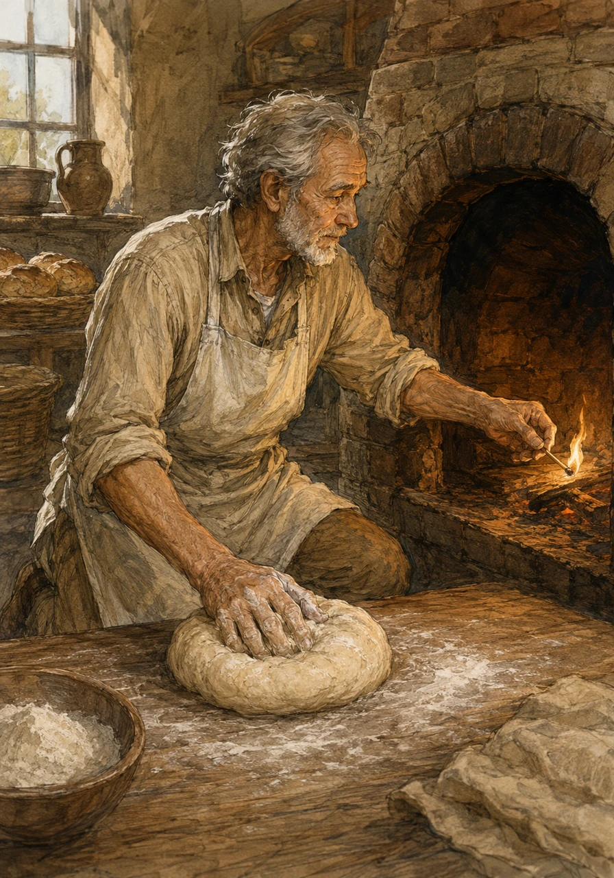 He descends to the bakery and kneels before the massive brick oven, striking a match. He coaxes the small flame to life, the initial warmth touching his face, and his hands begin to work the dough with a rhythm they remembered long before his grieving mind did.