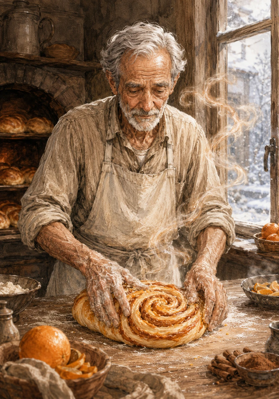 Kneading, swirling, and baking, Leo recreates Clara’s specialty: orange cinnamon swirl bread, the exact loaf they had made together on opening day. The irresistible smell escapes—a warm mix of caramel, cinnamon, and citrus—seeping out into the frosty winter air.