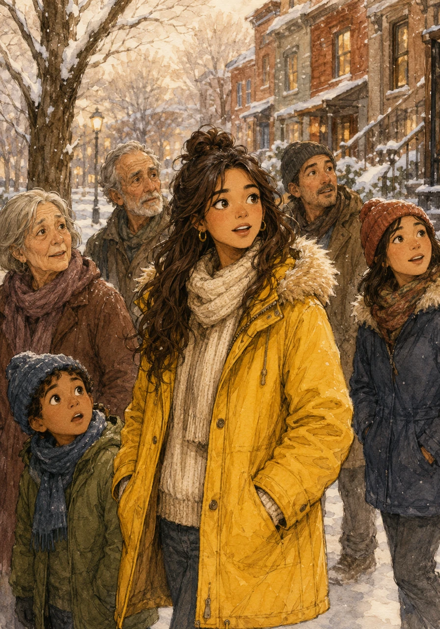 Down the snowy block, Maya, vibrant in her bright yellow coat, stops mid-step, the delicious aroma reaching her. Other neighbors turn their heads, their senses awakened, all drawn toward the source of the unexpected sweetness.