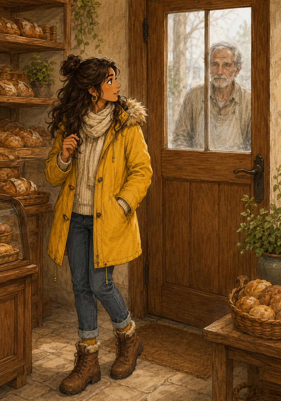 A soft knock sounds on the bakery door. Maya, standing at the front, calls out, “Leo?”