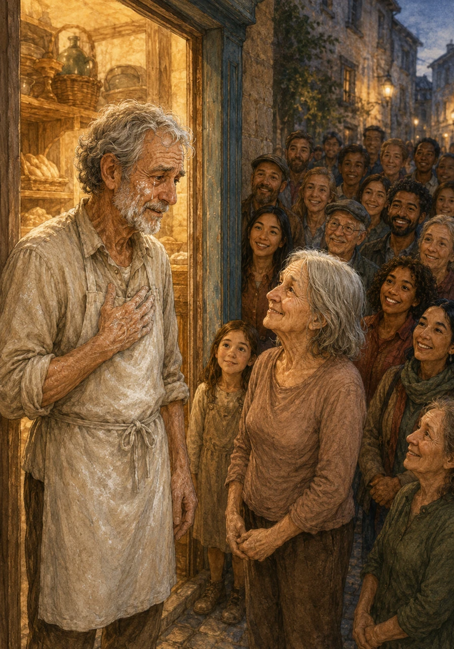 He opens the door to find twenty neighbors waiting. Maya smiles warmly, saying, “Happy Birthday to Clara, Leo.” At her words, a tear cuts through the flour dust on his cheek, and he steps aside, allowing the bakery's golden light and warmth to spill out.