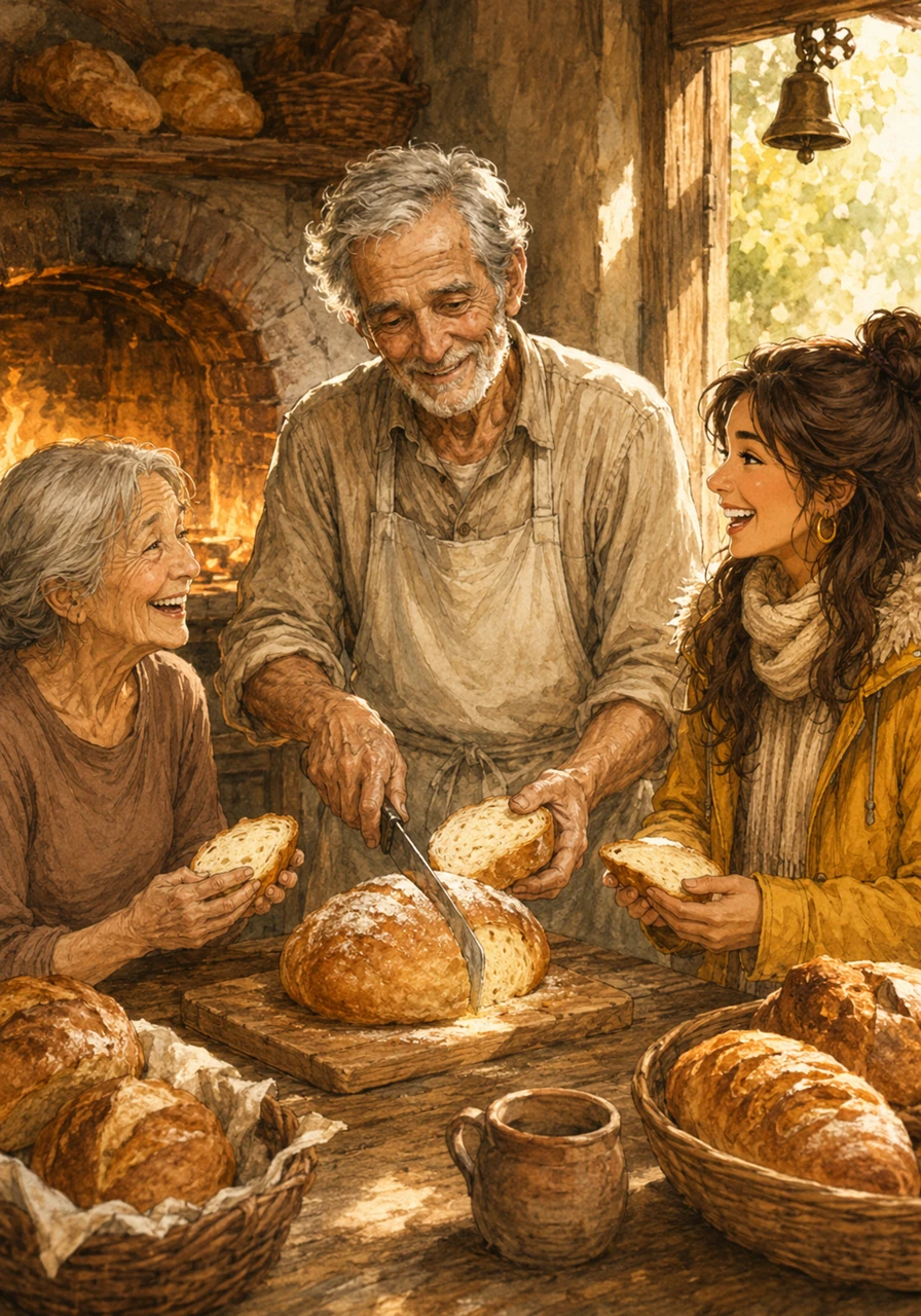 As Leo slices the fragrant, warm bread and hands it round, laughter fills the room once more. The oven glows brightly, the small, rusty bell gives a joyful chime, and The Golden Crumb breathes again.