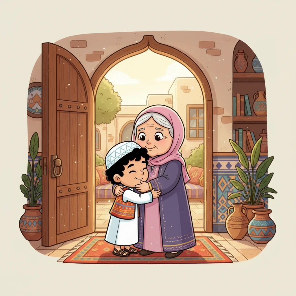 وصل وسام إلى بيت جدته، وهو منزل دافئ ومريح. كان الباب مفتوحًا على مصراعيه، ودعته الجدة بابتسامة تملأ وجهها. عانق وسام جدته بحب وشوق.