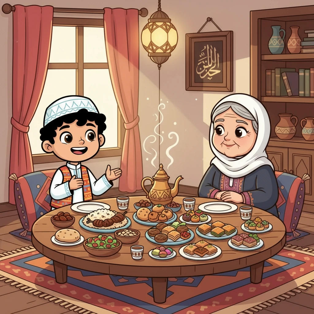 داخل المنزل، كانت رائحة الطعام الشهي تفوح في الأرجاء. أعدت الجدة وجبة خاصة لوسام، مليئة بالأطعمة اللذيذة والحلويات الشهية. جلس وسام مع جدته على المائدة، وتبادلا الأحاديث والضحكات.