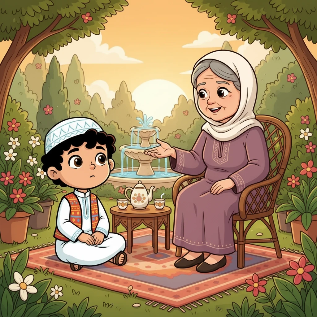 بعد تناول الطعام، جلس وسام مع جدته في الحديقة. روّت له الجدة قصصًا شيقة عن طفولتها وحياتها. استمع وسام بانصات شديد، وتعلّم الكثير عن تاريخ عائلته.