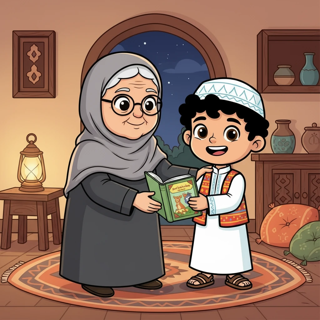 مساءً، قبل أن يغادر وسام، أعطته الجدة هدية صغيرة. كانت الهدية عبارة عن كتاب قصص مصور، أهدته الجدة لوسام ليتذكره دائمًا. ودّع وسام جدته بقلب مليء بالحب والشوق.