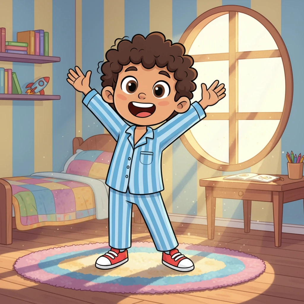Leo woke up with a big stretch and an even bigger smile. Sunlight streamed into his colorful room, ready for a brand new day. He loved mornings because they were full of possibilities for adventure.