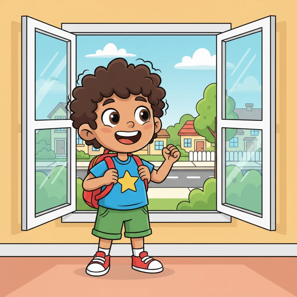 After a quick breakfast, Leo grabbed his bright red backpack. He looked out the window, his eyes sparkling with anticipation. "Time to explore!" he cheered, eager to see what his neighborhood had in store.