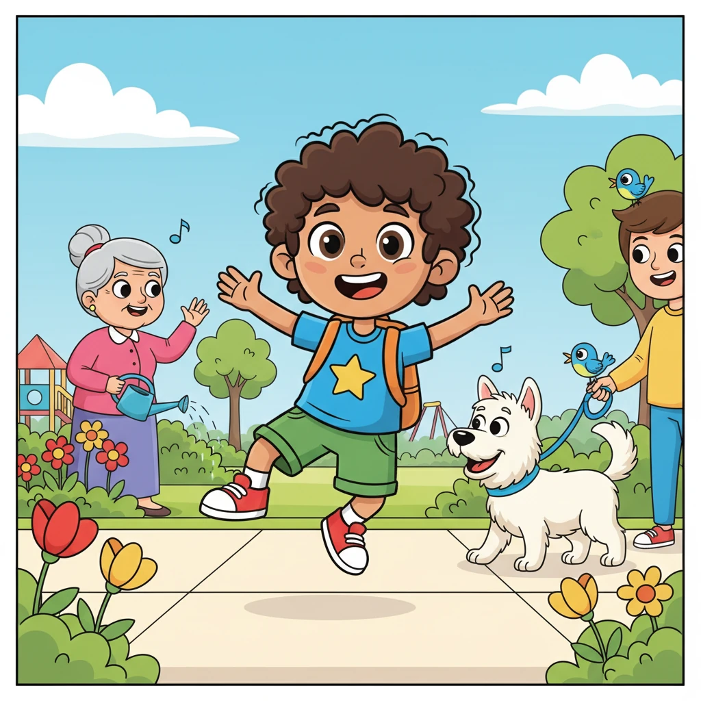 First stop, the park! Leo skipped down the sidewalk, past blooming flowers and chirping birds. He waved hello to Mrs. Gable watering her garden and grinned at the fluffy dog on a leash. The air smelled fresh and sweet.